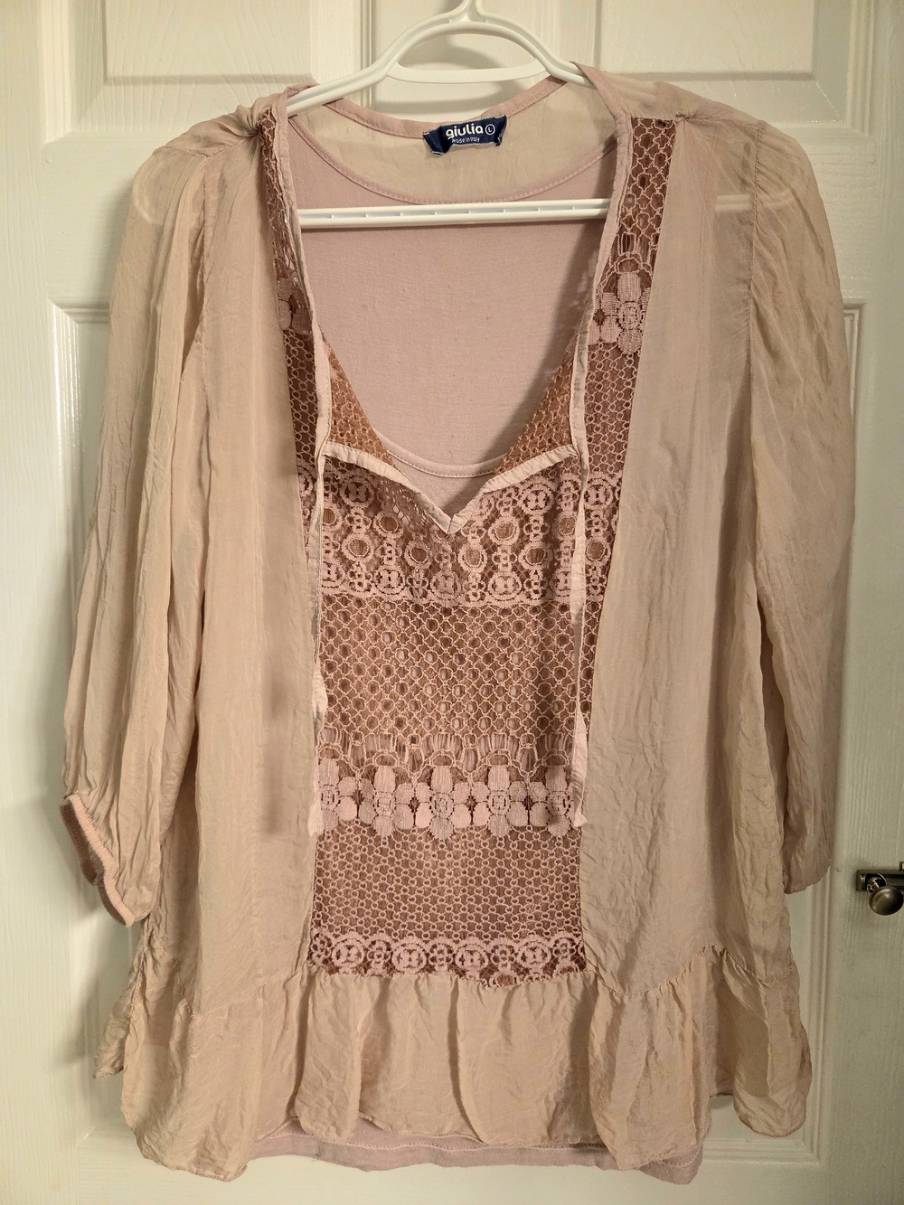 Giulia Made In Italy Silk Lace Boho Blouse Pink M/L